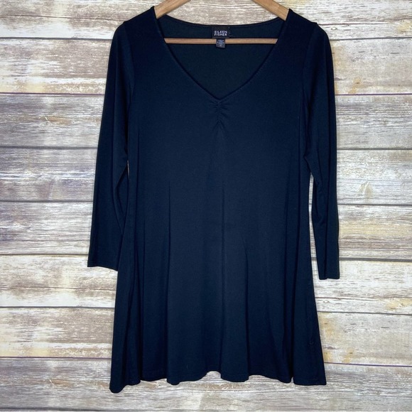 EILEEN FISHER Tencel Cashmere Stretch Jersey Tunic Top XS Ruched V-Neck - Picture 1 of 6